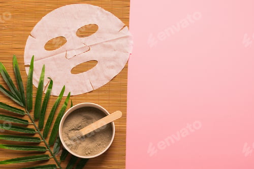 Preview: Natural skin care products at home. Gray clay in bowl mask cloth sponge natural environmentally