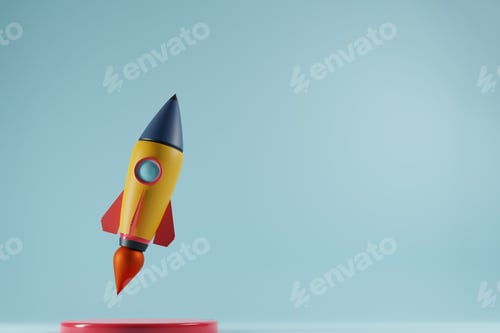 Preview: Launched rocket with copy space for text on blue background. Startup business concept. 3D render