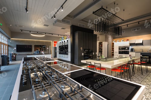 Preview: Brand new gas stoves in apliance store showroom