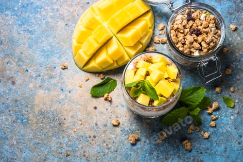 Preview: Parfait with yogurt, mango and granola top view
