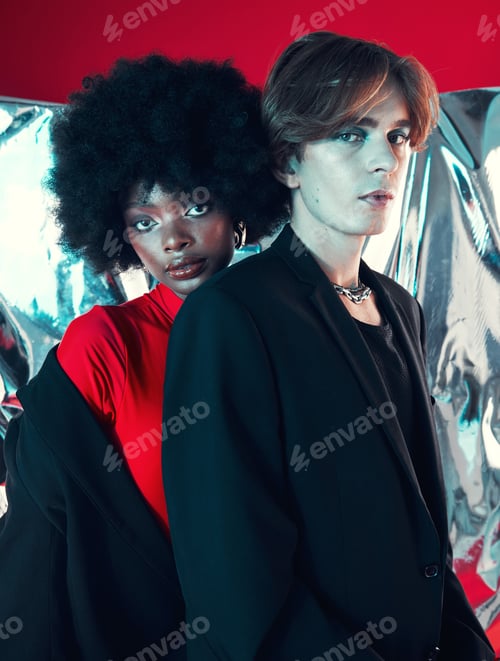 Preview: Cyberpunk, beauty and portrait of people with diversity in fashion on red background in studio with