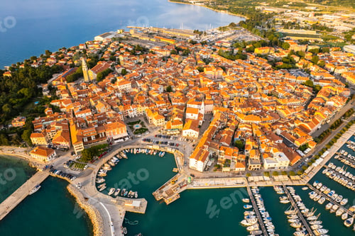 Preview: Izola townscape on the Adriatic coast of the Istrian peninsula in Slovenia. Aerial drone view