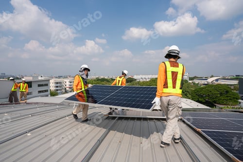 Preview: Team technicians carrying photovoltaic solar moduls on roof.