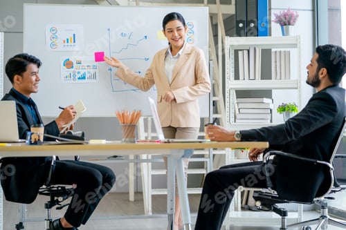 Preview: Close up Asian business woman stand in front of board to present project for manager and co-workers