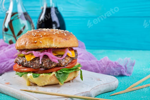 Preview: Delicious burger with beef meat, homemade bun and mayo