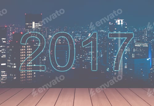 Preview: 2017 Happy New Year On Light City Night Time And Wooden Table For Background