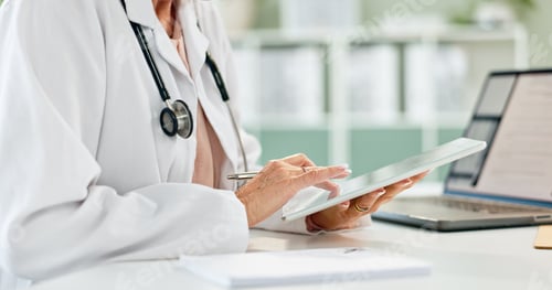 Preview: Hands, doctor and click on tablet in hospital for telehealth, contact or notification on applicatio
