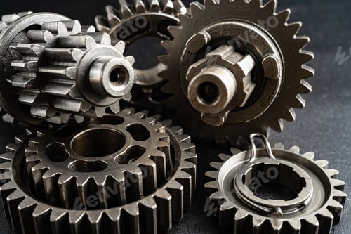 Preview: Gear and cogs wheels, clock mechanism, brass metal engine industrial.