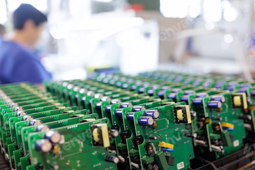 Preview: Rows of assembled electronic circuit boards at electronics manufacturing factory