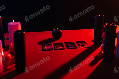 Preview: KYIV, UKRAINE - JUNE 29, 2022: tarot cards and burning candles on red table isolated on black