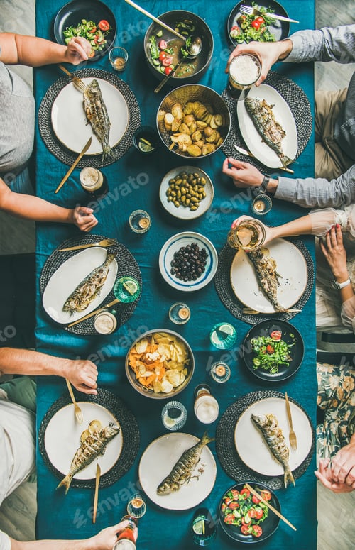 Preview: Flat-lay of people celebrating together and drinking beer