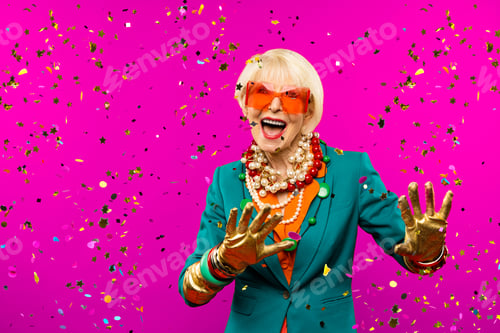 Preview: Cool and stylish senior old woman with fashionable clothes