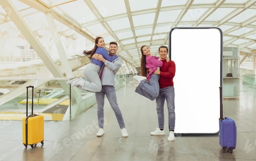 Preview: Friends celebrating at the airport with luggage and a blank screen backdrop