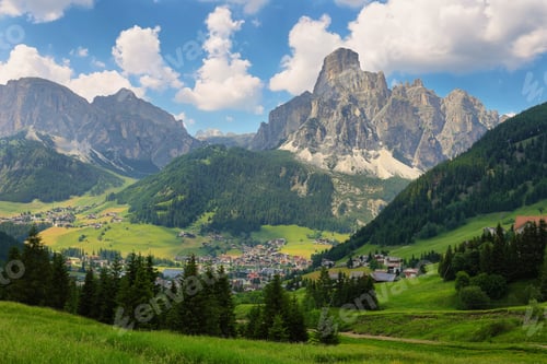 Preview: Sassongher peak and Corvara in Badia village in Dolomites Alps, Italy, Europe