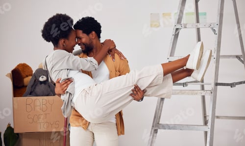 Aperçu: Love, lifting or happy couple in home renovation, diy or house remodel together by apartment ladder
