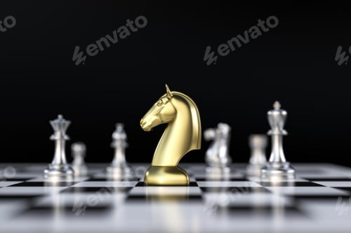 Preview: Golden horse chess encounters with silver chess enemy on chess board and black background.