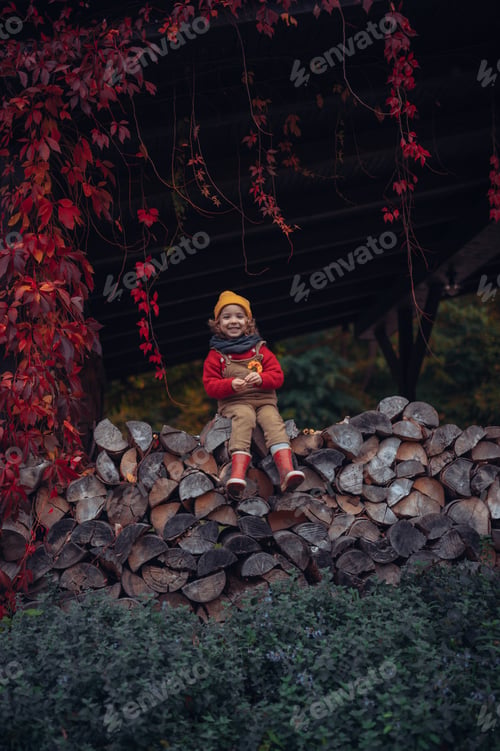 Preview: Happy little girl sitting at pile of wood with flower, surrouded by red leaves, during beautiful