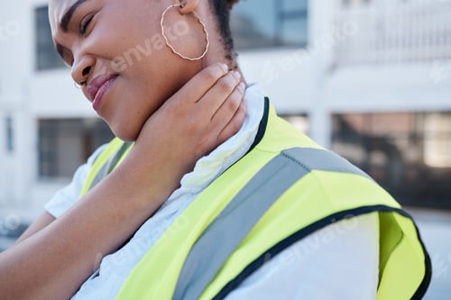 Preview: Engineer, woman and neck pain from injury, stress and burnout in civil engineering, construction an