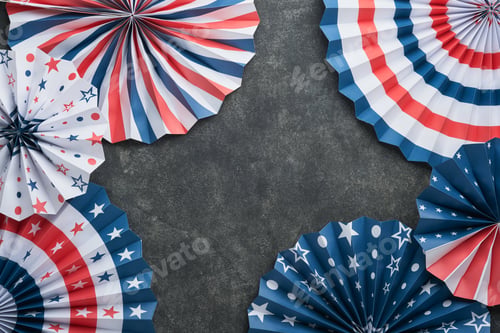 Preview: 4th of July background. USA paper fans, Red, blue, white stars, balloons, gold confetti on gray dark