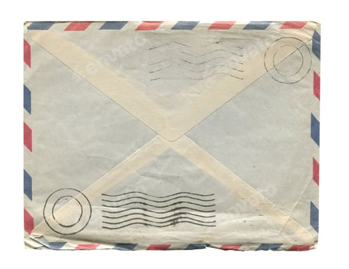 Preview: front view of old open aged paper airmail envelope isolated on white
