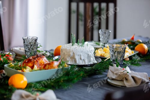 Preview: Christmas white cake on a table with pine branches