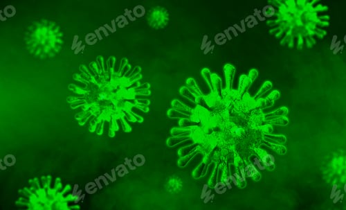 Preview: Microscopic Green Virus Cells on Dark Background