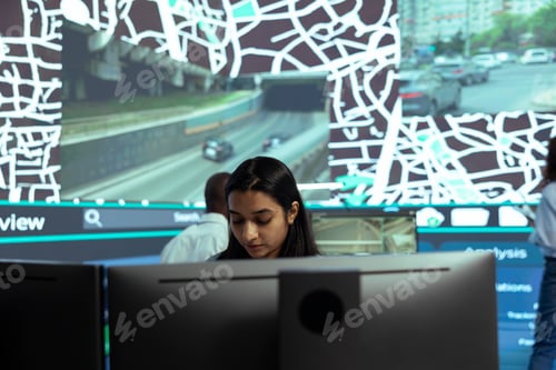 Preview: Indian woman locating delivery trucks via satellite map with gps coordinates