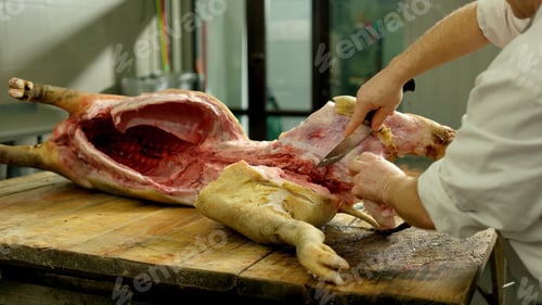 Preview: Butcher cuts pork carcass in a slaughterhouse.