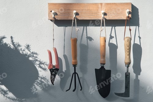 Preview: The gardening tools hanging on the wooden dock