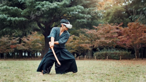 Preview: Virtual reality, Japan and Asian man with sword for martial arts, Kendo practice and exercise. Cult