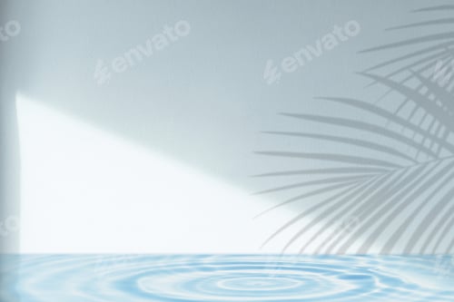 Preview: Summer Background,Pure Water Surface Texture on Blue Wall Studio with Light, Shadow Palm Leaves