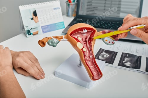 Preview: Gynecologist showing polyps of endometrium of uterus using anatomical model during consultation to
