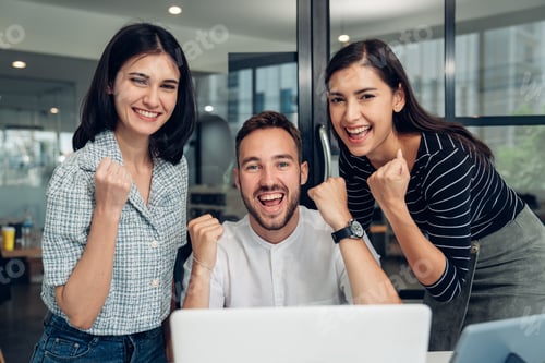 Preview: Happy diverse friends watching funny video together at meeting.