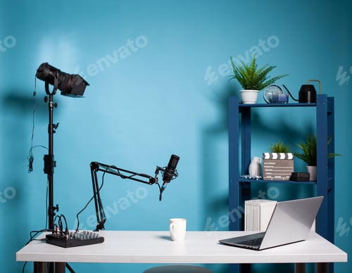 Preview: Empty vlog studio broadcasting room with professional microphone and video light