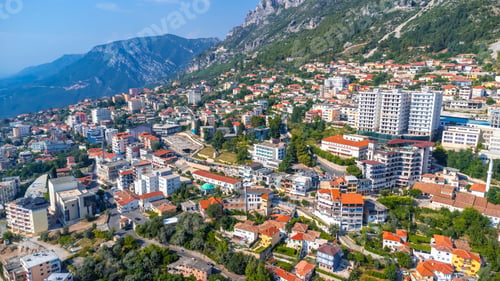 Preview: Panoramic aerial drone view of the city from Kruje Castle and its fortress. Albania