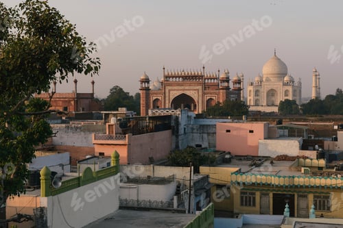 Preview: Elevated distant view of Taj Mahal, Agra, Uttar Pradesh, India