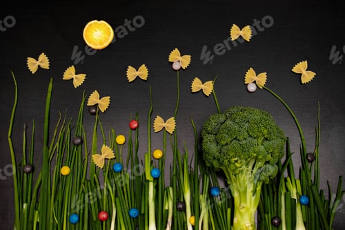 Preview: Creative food composition with a slice of orange, pasta, green onions, and broccoli