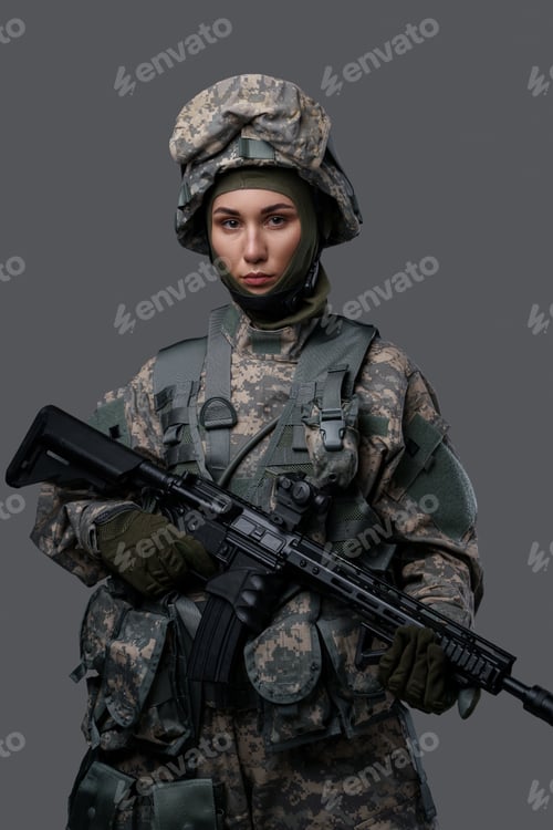 Preview: Military woman with rifle dressed in camouflage suit