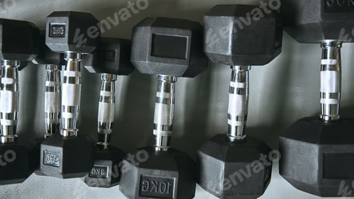 Preview: Close up of many metal black dumbbells on the floor at gym. Weight training equipment