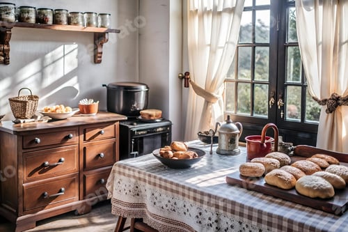 Preview: Interior view of a simple-designed kitchen with pastry on table and daylight from a big window
