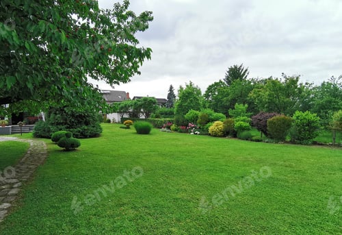 Preview: Green grass in back yard of a house. Beautiful garden with trees and flowers in spring.