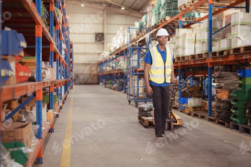 Preview: Warehouse workers pushing a pallet truck in a shipping and distribution warehouse.