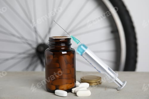 Preview: Pills and syringe on light grey table near bike wheel. Using doping in cycling sport concept