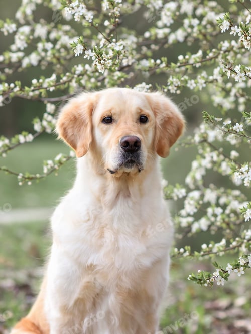Preview: golden retriever dog in blooming sakura or cherry trees. dog in the spring in nature in the park