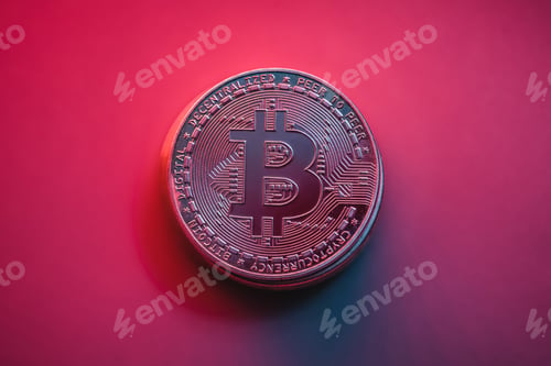 Preview: Bitcoin on purple backlit background. Online currency.