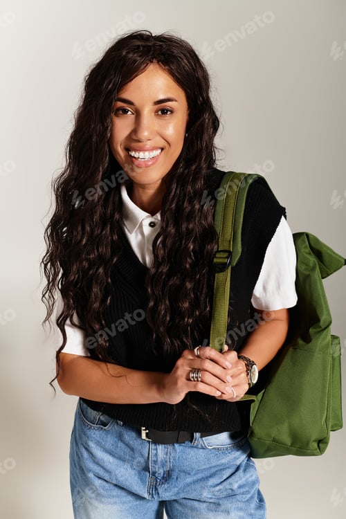 Preview: Young student radiates confidence and charm with trendy backpack in cozy indoor setting