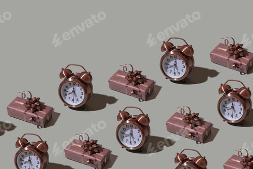 Preview: Brown gift box template with bow and alarm clock on gray background. Festive minimalistic concept