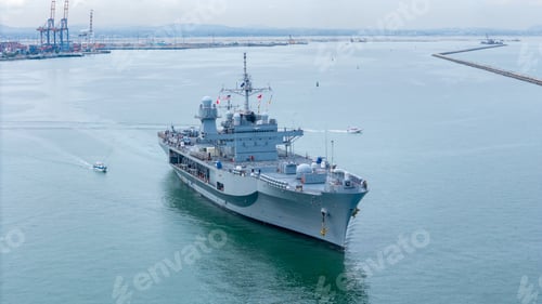 Preview: Nuclear war ship, Navy ship, Military navy carrier Helicopter. nuclear carrier running in the ocean