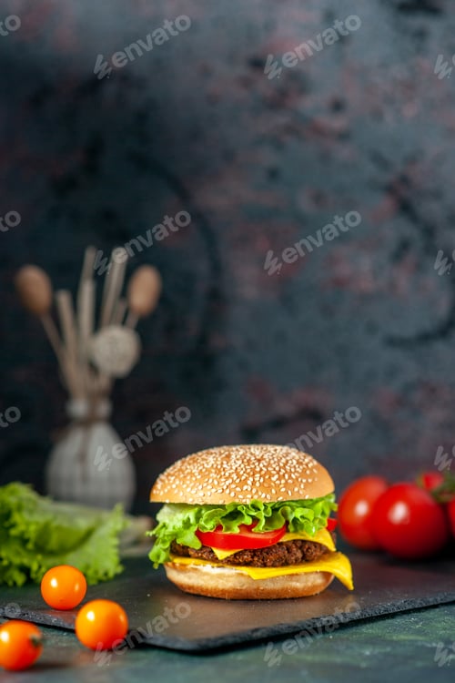 Preview: front view delicious meat hamburger with red tomatoes on dark background color fast-food kfc french