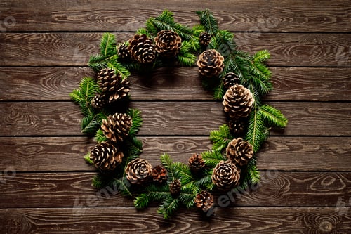 Preview: Christmas, Noel or New Year background with Christmas tree, Christmas wreath on wooden background, f